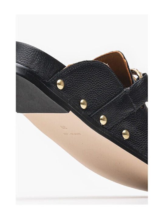 Flach Leder Mules in Schwarz Farbe