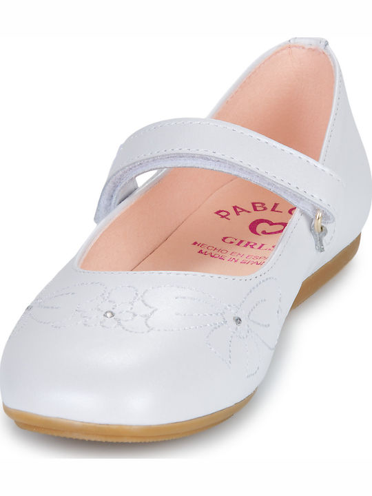 Kids Leather Ballerinas with Hoop & Loop Closure White