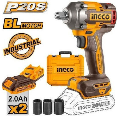 Ingco CIWLI2040 Brushless Impact Wrench Battery 20V 2x2Ah with Socket 1/2"