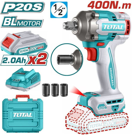 Total Brushless Impact Wrench Battery 20V 2x2Ah with Socket 1/2"