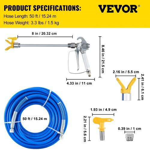 Spray Gun Hose System 15.24 M 248 Bar Spray Angles 0 50 Degrees Aluminum Stainless Steel