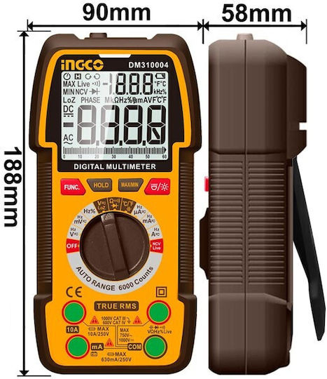 Ingco Ψηφιακό Πολύμετρο True RMS με Μέτρηση AC / DC / Αντίστασης / Χωρητικότητας / Θερμοκρασίας DM310004