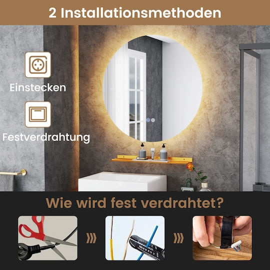 Costway Round Bathroom Mirror Led made of Metal with Shelf 51x51cm White