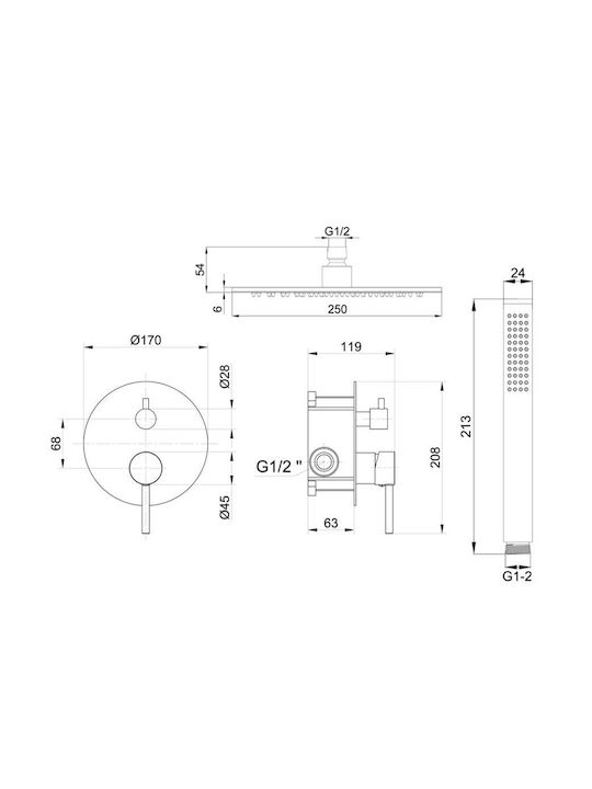Interflex Set Mixer, Gură, Telefon & Cap Duș Îngropată pentru Duș Argintiu