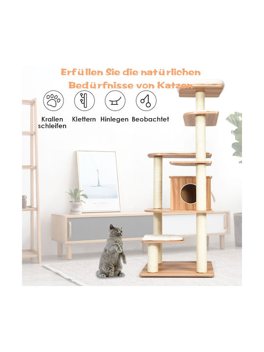 Costway Stâlp pentru zgâriat pisici Copaci pentru pisici Bej 6 niveluri 38x38x175cm