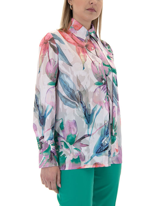 Langärmelig Damen Seidig Hemd Blue, Purple, Pink Druck