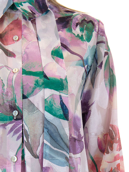 Langärmelig Damen Seidig Hemd Blue, Purple, Pink Druck