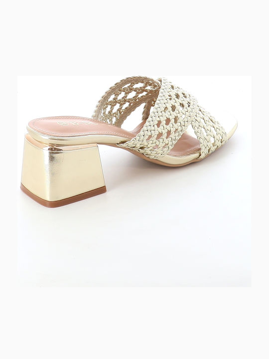Mules with Chunky Low Heel in Gold Color