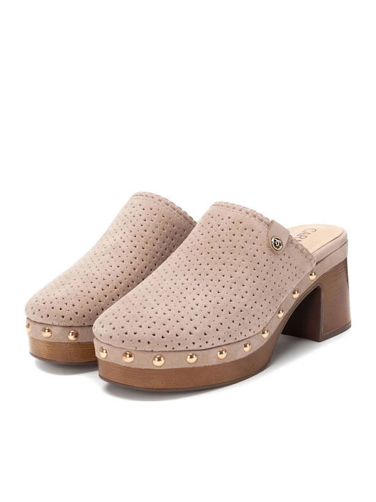 Suede Mules με Χοντρό Ψηλό Τακούνι σε Μπεζ Χρώμα