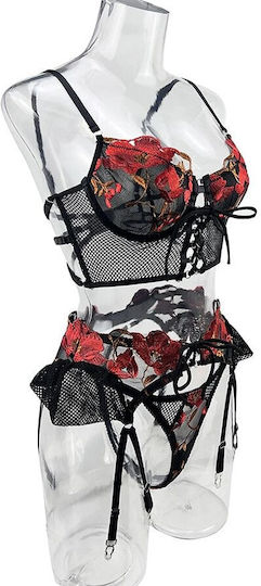 Set 3 Pieces Sexy Intimate Erotic Lingerie Made Thick Solid Lace Flowers Push-up Bra S