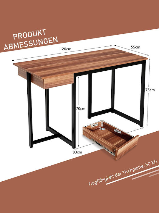 Computer Office Wooden Brown with Metal Legs 120x55x75cm
