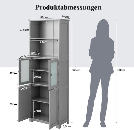 Costway Tall White Gray Storage Cabinet 163 cm Adjustable Shelves Glass Doors Bathroom Kitchen or Living Room Jv10642gr