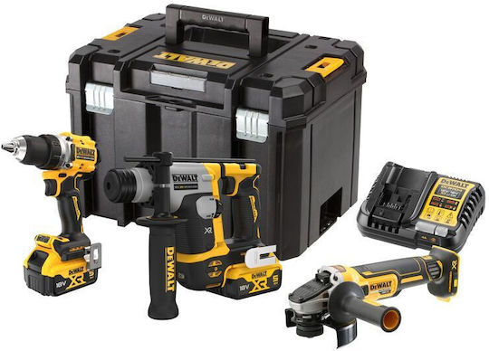 DEWALT DCK355P2T Σετ Γωνιακός Τροχός, Δραπανοκατσάβιδο & Σκαπτικό Brushless 18V με 2 Μπαταρίες 5Ah και Θήκη