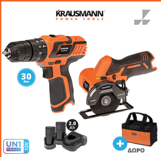 Krausmann US120-22S Set Eckiges Rad & Bohrschrauber 12V mit 2 Batterien 2Ah und Hülle