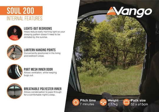 Vango Soul 200 Σκηνή Camping Τούνελ Ορειβασίας Μπλε με Διπλό Πανί 4 Εποχών για 2 Άτομα Αδιάβροχη 3000mm 270x130x95εκ. Deep Blue