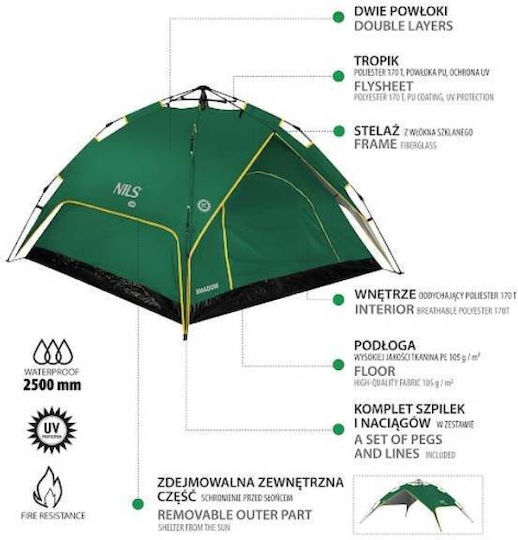 Nils Camping Tent Igloo Green with Double Cloth 4 Seasons for 3 People 200x200x140cm