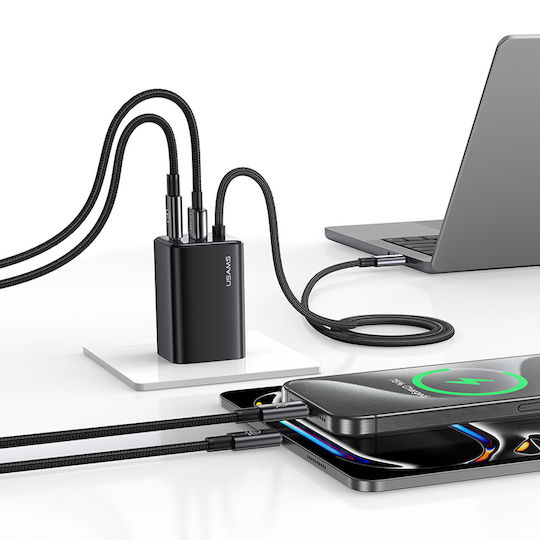 Usams Charger with Built-in Cable GaN with USB-A Port and USB-C Port USB-C 65W Blacks (CC266)