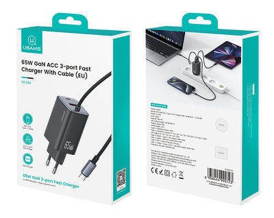 Usams Charger with Built-in Cable GaN with USB-A Port and USB-C Port USB-C 65W Blacks (CC266)