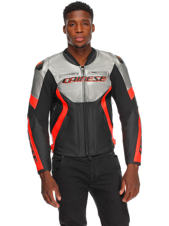Dainese Racing 5 Мъжко Мотоциклетно яке Кожено Silver / Black / Red-Fluo
