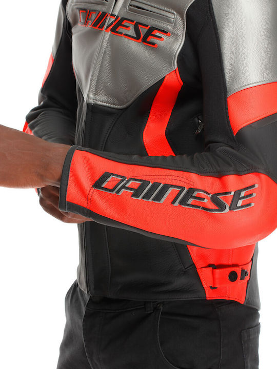 Dainese Racing 5 Мъжко Мотоциклетно яке Кожено Silver / Black / Red-Fluo