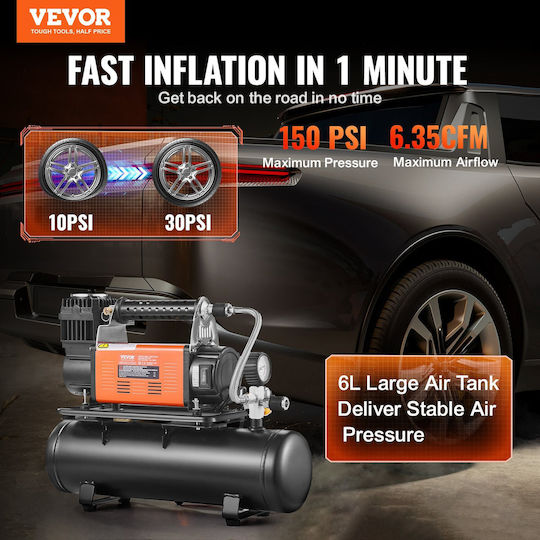 Vevor Τρόμπα Αυτοκινήτου 150PSI με Κροκοδειλάκια Μπαταρίας 12V