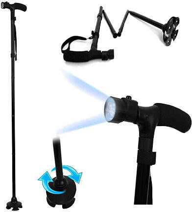 Baston pliabil cu mâner și lanternă LED, înălțime reglabilă în 5 trepte 85 – 97 cm, negru