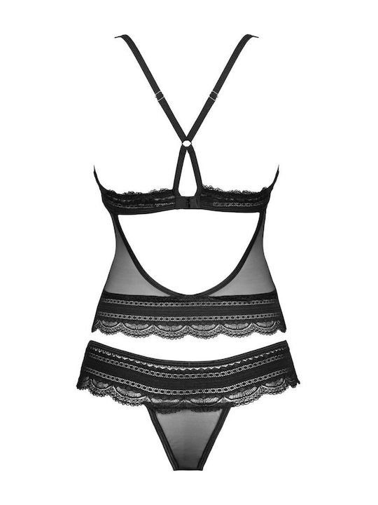 Obsessive Lace Underwear Set with String Black / Black Ivannes