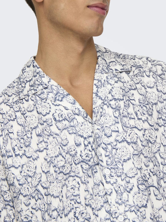 Κοντομάνικο Πουκάμισο σε Κανονική Γραμμή Floral Off White, Vintage Indigo