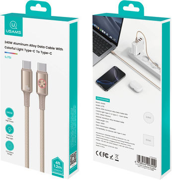 Usams SJ751 Geflochten / LED USB 2.0 Kabel USB-C männlich - USB-C 240W Beige 1.2m (SJ751USB02)