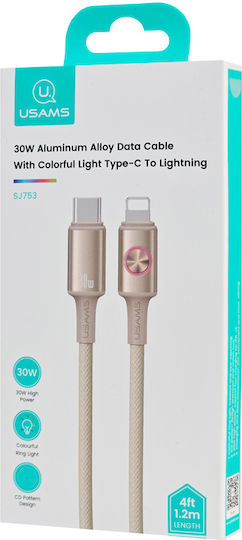 Usams SJ753 Braided / LED USB-C to Lightning Cable 30W Beige 1.2m (SJ753USB02)