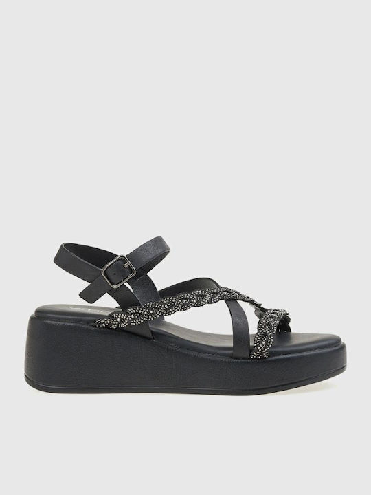 Women's Leather Ankle Strap Platforms Black