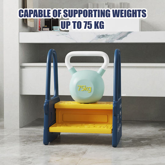 Children's Step Stool Handles Linomag Two Steps Non-slip Surface Toilet Bathroom Kitchen 61x40x46cm Dark Blue Yellow