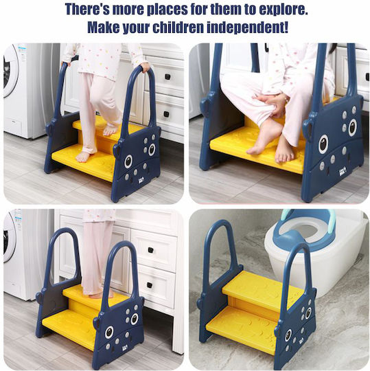 Children's Step Stool Handles Linomag Two Steps Non-slip Surface Toilet Bathroom Kitchen 61x40x46cm Dark Blue Yellow