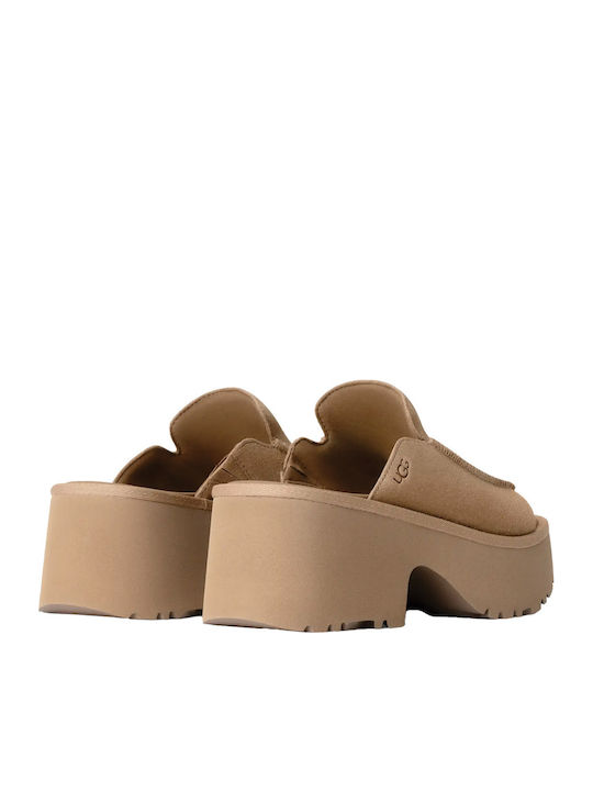 New Heights Slippers Suede Mules with Chunky High Heel in Beige Color