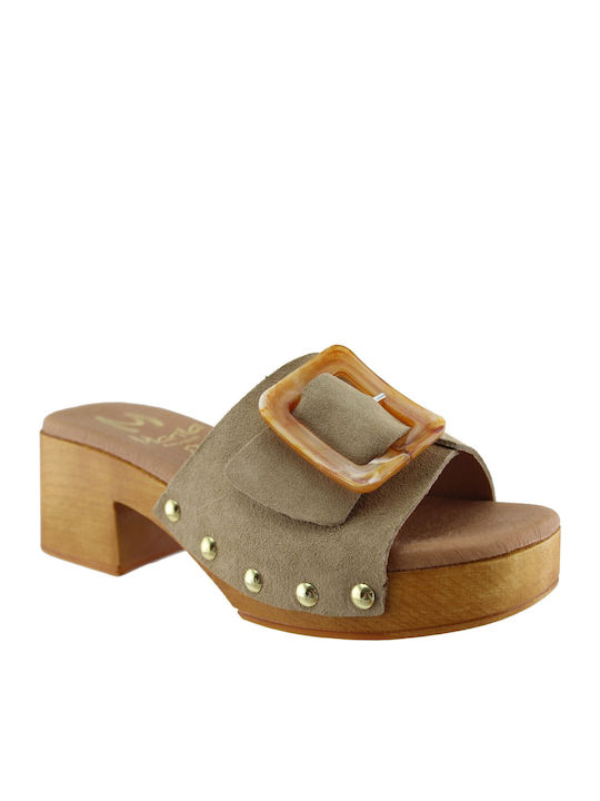 Suede Women's Mules with Low Heel in Beige Color