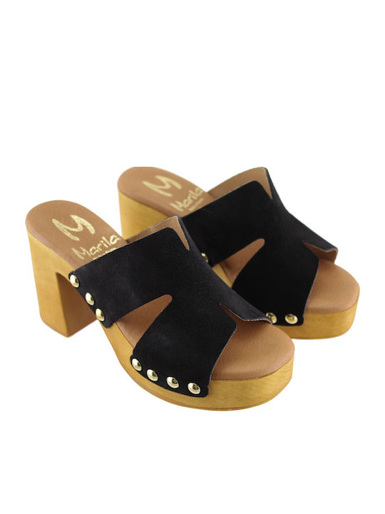 Suede Mules With High Heel In Black Colour