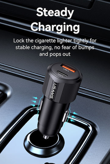 Usams Auto-Ladegerät 60W Schnellladung mit Anschlüssen: 1xUSB 1xType-C Schwarz Farbe