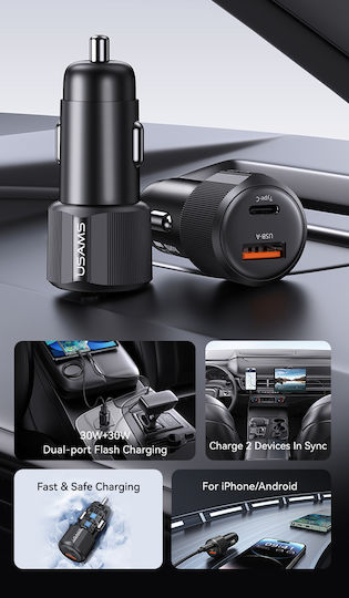 Usams Auto-Ladegerät 60W Schnellladung mit Anschlüssen: 1xUSB 1xType-C Schwarz Farbe