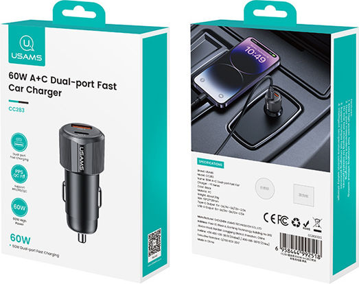 Usams Auto-Ladegerät 60W Schnellladung mit Anschlüssen: 1xUSB 1xType-C Schwarz Farbe