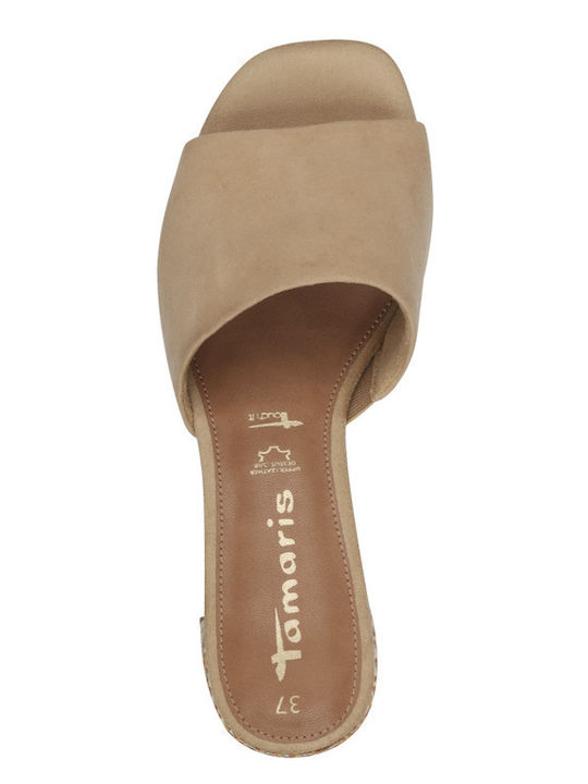 Leather Mules with Chunky Low Heel in Beige Color
