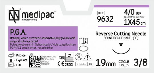 Medipac Surgical Sutures Length 45cm PGA 4/0 with Needle 19mm