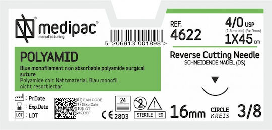 Medipac Surgical Sutures Length 45cm Polyamid 4/0 with Needle 16mm