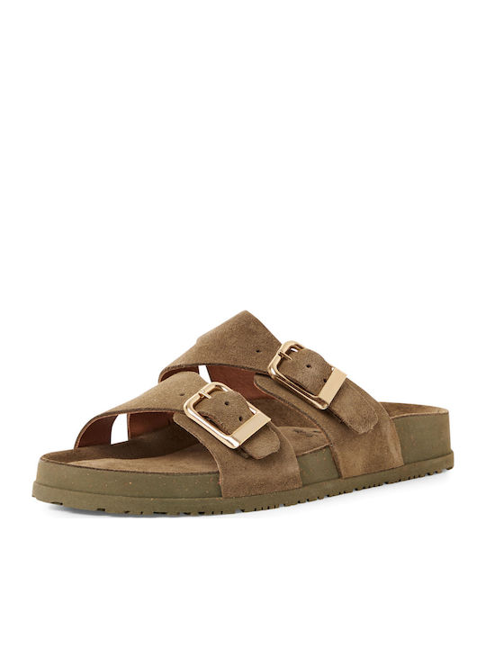 Leather Women's Flat Sandals Brown