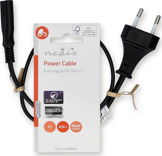 Nedis Power Cable Adapters Euro Plug Connector IEC-320-C7 Straight Straight Two-Wire Black Bulk 0.5m