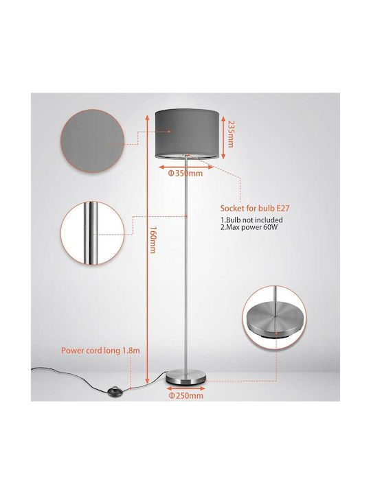 Bakaji Floor Lamp H160xW35cm. with Socket for Bulb E27 Gray