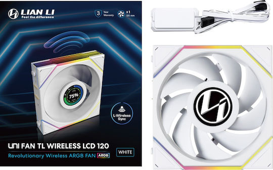 Lian Li UNI FAN TL-LCD Wireless Case Fan 120mm 1900rpm 54.3cfm with ARGB Lighting White