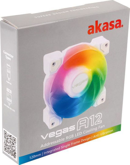 Akasa Vegas A12 Case Fan 120mm (2000rpm / 52.3cfm) με ARGB Φωτισμό και Σύνδεση 3-Pin / 4-Pin PWM Λευκό