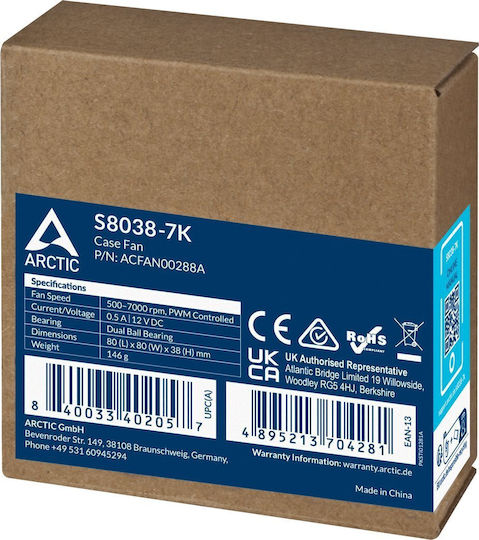 Arctic S8038-7K Вентилатор за Кутия (7000 оборота / 70cfm) Без Светодиодно Осветление и Свързване 4-изводна ШИМ