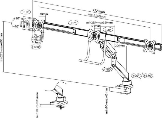Neomounts Halterung Auf dem Schreibtisch für 3 Monitore bis 27" mit Arm (NM-D775DX3BLACK)