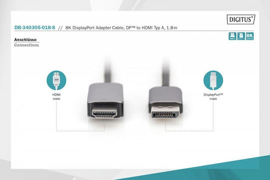 Digitus Cable DisplayPort male - HDMI male 1.8m Μαύρο (DB-340305-018-S)